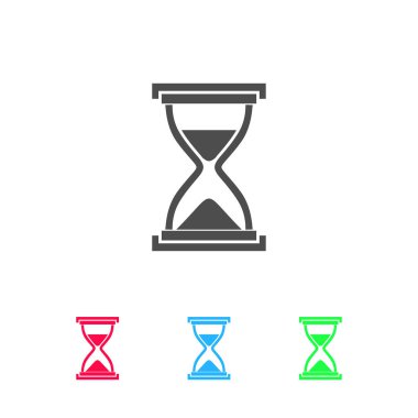 Kum saati simgesi düz. Beyaz arkaplanda renkli resim. Vektör illüstrasyon sembolü ve bonus simgeleri
