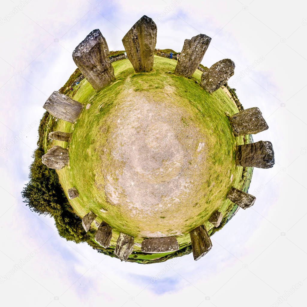 Drombeg stone circle view as a miniplanet