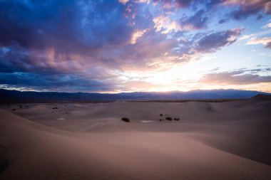 Mesquite düz kum tepeleri üzerinde gün batımı Ölüm Vadisi ulusal pa