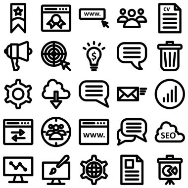 Seo ve Marketing Bold Vector ana hatları simgeleri reklam, van, ampul ve seo ve pazarlama projelerinde kullanılabilecek pek çok simge ile birlikte, her bir simge kolayca değiştirilebilir veya düzenlenebilir