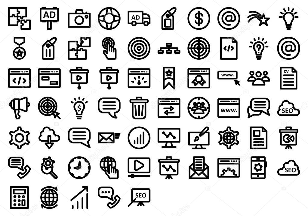 SEO and Marketing Bold Vector outline icons set included with ads, van, bulb and many of icons that can be used in seo and marketing project, every single icon can be easily modified or edited