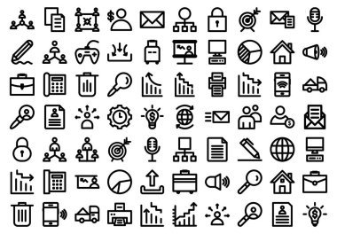 Proje yönetimi Bold ana hatları izole vektör simgeleri yönetim, anlaşma, uygulama, iş adamı, dağıtıcı, e-posta, zarf, ağ hiyerarşisi ve video oyunundan oluşur, bunları kolaylıkla düzenleyebilirsiniz