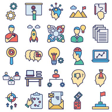 Proje yönetim simgeleri çark, beyin, dağ, başarı, başlangıç, iş, yaratıcılık, yenilik, bayrak ve para simgelerinden oluşur. Her bir simge kolayca değiştirilebilir veya düzenlenebilir