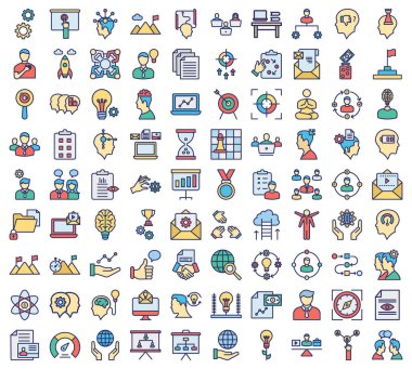 Proje yönetim simgeleri çark, beyin, dağ, başarı, başlangıç, iş, yaratıcılık, yenilik, bayrak ve para simgelerinden oluşur. Her bir simge kolayca değiştirilebilir veya düzenlenebilir