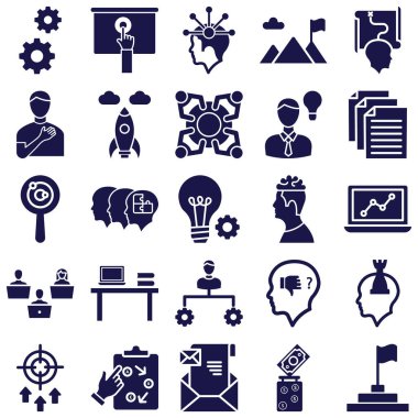 Proje yönetim simgeleri çark, beyin, dağ, başarı, başlangıç, iş, yaratıcılık, yenilik, bayrak ve para simgelerinden oluşur. Her bir simge kolayca değiştirilebilir veya düzenlenebilir