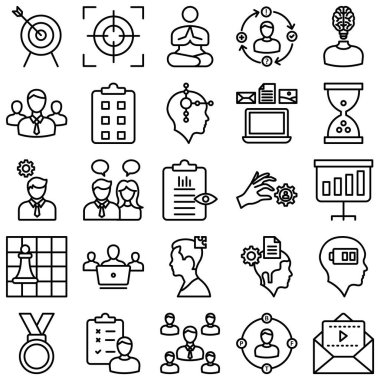 Proje yönetim simgeleri çark, beyin, dağ, başarı, başlangıç, iş, yaratıcılık, yenilik, bayrak ve para simgelerinden oluşur. Her bir simge kolayca değiştirilebilir veya düzenlenebilir