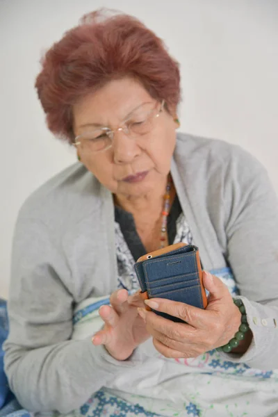 Asiatico anziano donna a casa collegato su internet — Foto Stock