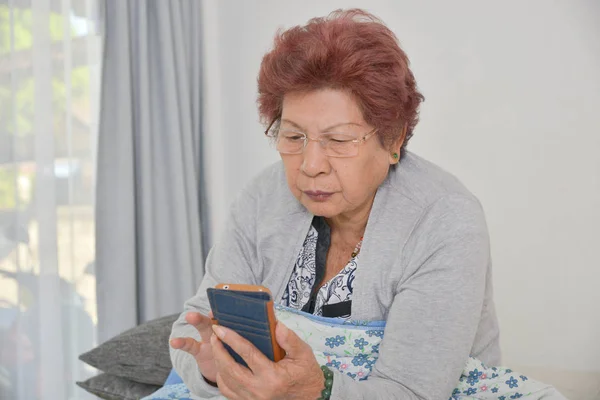 Azjatycki starszy kobieta w domu podłączony Internet — Zdjęcie stockowe