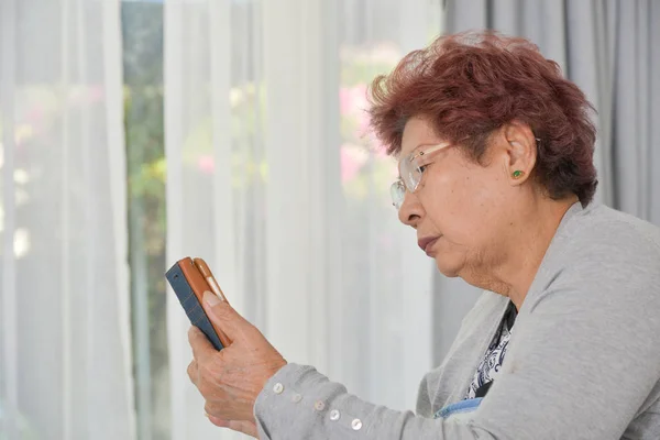 Asiatico anziano donna a casa collegato su internet — Foto Stock