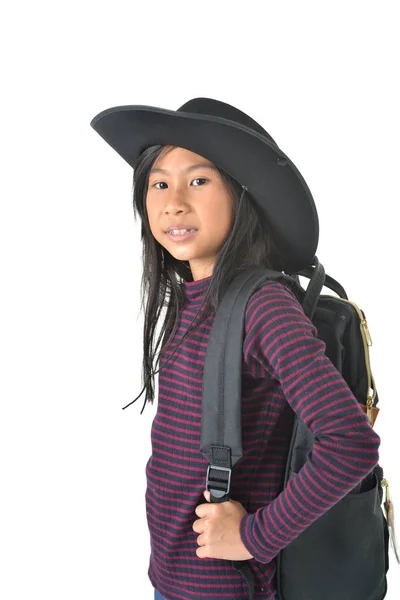 Asian girl in a cowboy hat looking up isolated on white backgrou — Stock Photo, Image