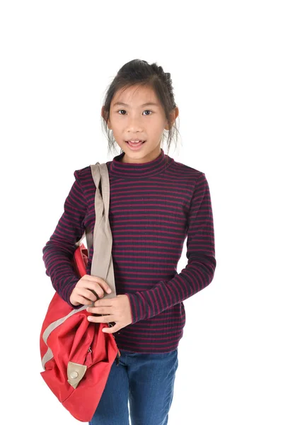 Asian girl holding red bag over white background — Stock Photo, Image