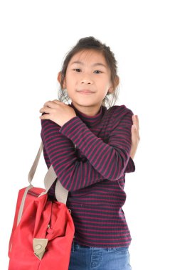 Asian kız beyaz arka plan üzerinde kırmızı ihale