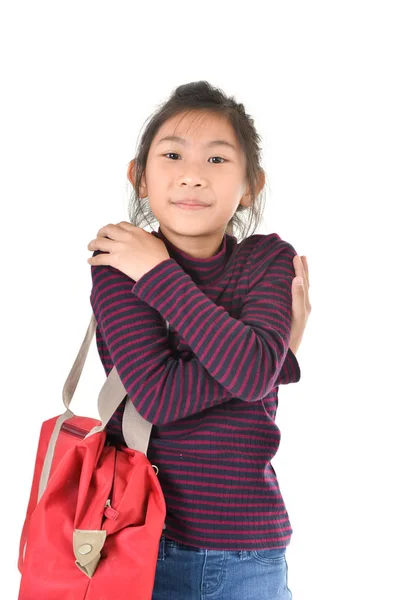 Asian girl holding red bag over white background — Stock Photo, Image