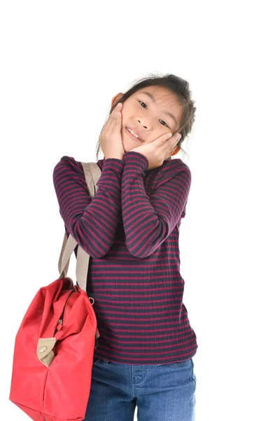 Asiatisk tjej innehar röd väska över vit bakgrund — Stockfoto
