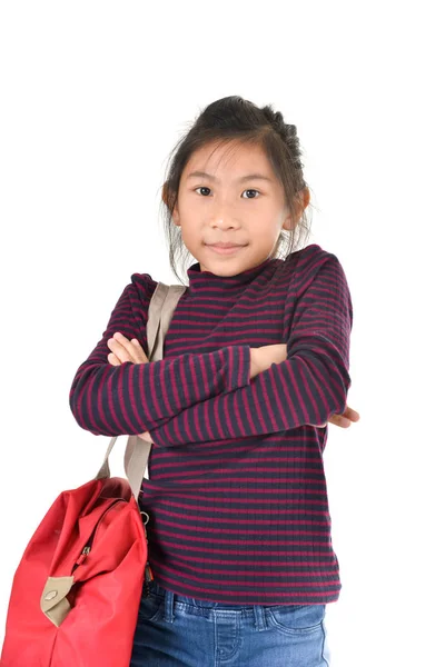 Asiatische Mädchen mit roter Tasche über weißem Hintergrund — Stockfoto