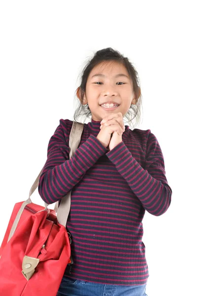 Chica asiática sosteniendo bolsa roja sobre fondo blanco — Foto de Stock