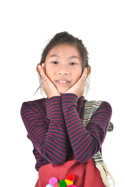 Asian girl holding red fabric bag over white background — Stock Photo, Image