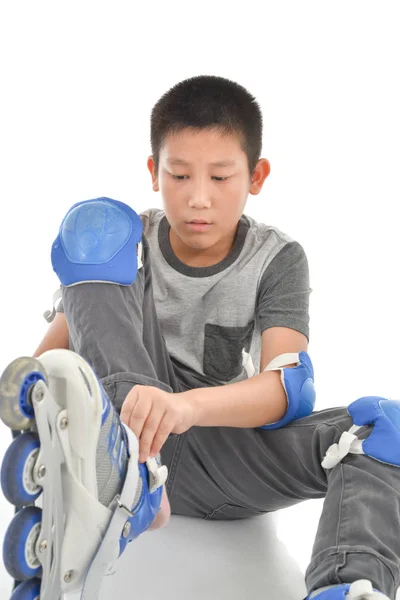 Glad asiatiska pojke klädd säkerhetsvakt för att spela roller blad o — Stockfoto