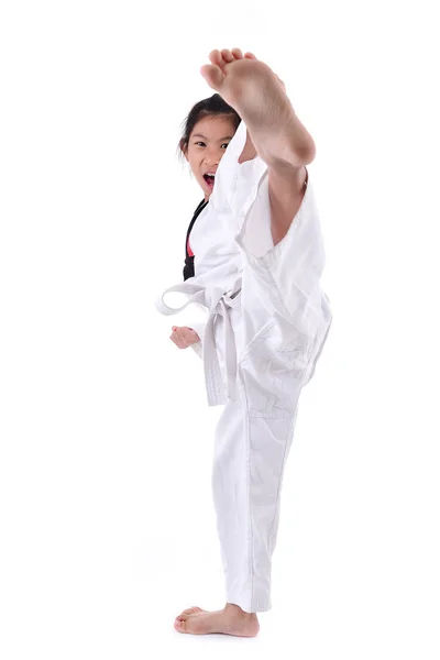 Asyalı kız dövüş sanatları pratik eğitim tekme bacak germe — Stok fotoğraf