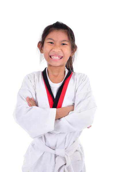 Aziatische taekwondo meisje op met achtergrond. — Stockfoto