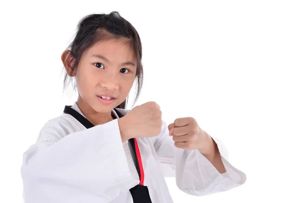 Asiatische taekwondo Mädchen auf mit Hintergrund. — Stockfoto