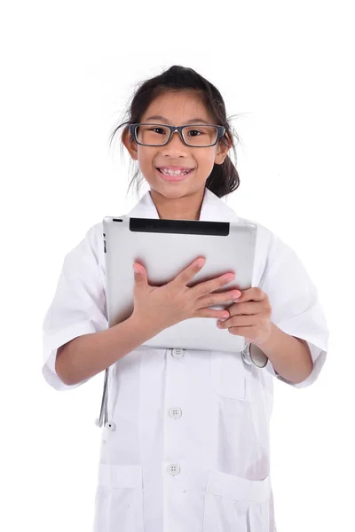 Young female doctor using tablet - isolated over a white backgro — Stock Photo, Image