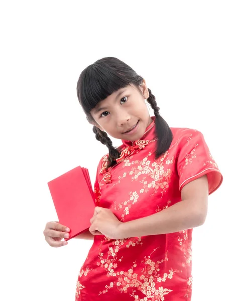 Cute girl wearing red Chinese suit — Stock Photo, Image