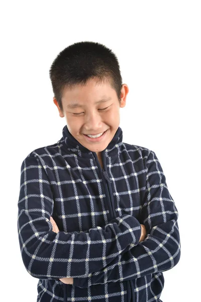 Ázsiai fiú nevetve fehér portréja. — Stock Fotó