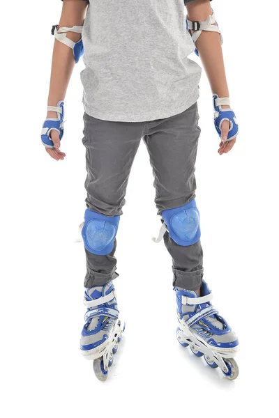 Happy Asian boy wearing safety guard for playing roller blades o — Stock Photo, Image