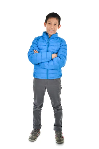 Happy Asian boy wearing blue down isolation on the white — Stock Photo, Image