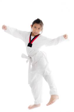 Tae Kwon Do Asyalı kız beyaz arka plan üzerinde