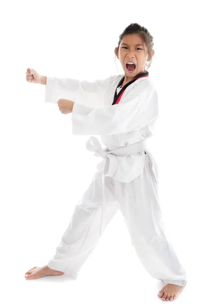 Tae Kwon fare asiatico ragazza su bianco sfondo — Foto Stock