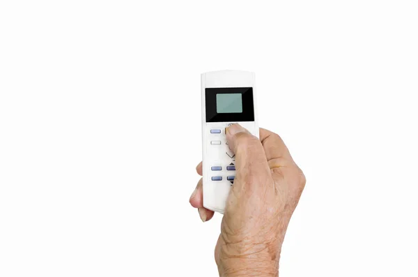 Hand holding remote control on white background — Stock Photo, Image