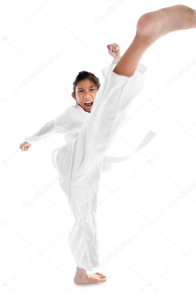 Tae Kwon Do Asian girl on white background