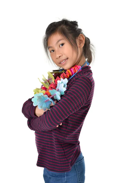 Asian girl with flower garland isolated on white. — Stock Photo, Image