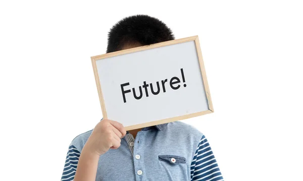 Jongen whiteboard met bericht toekomstige houden op witte achtergrond. — Stockfoto