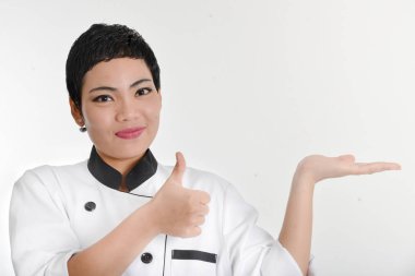 Kadın Şef sunan menü. Sevimli kız Şef başlıklı bir h gösterir