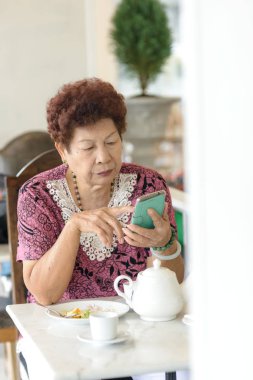 Kafede akıllı telefon kullanarak Asya kadın kıdemli.