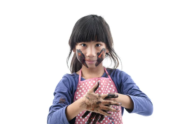 Close up Funny little girl with dirty and face painted on white. — Stock Photo, Image