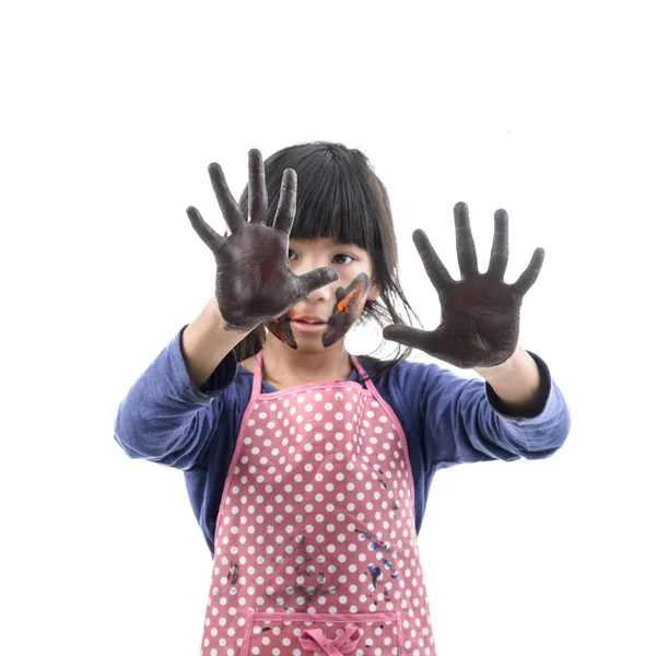 Close up Funny little girl with dirty and face painted on white. — Stock Photo, Image