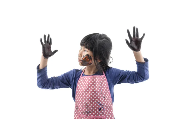 Close up Funny little girl with dirty and face painted on white. — Stock Photo, Image