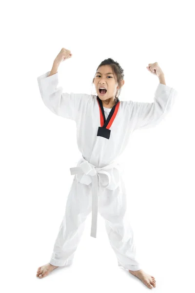 Asiatische taekwondo Mädchen auf mit Hintergrund. — Stockfoto