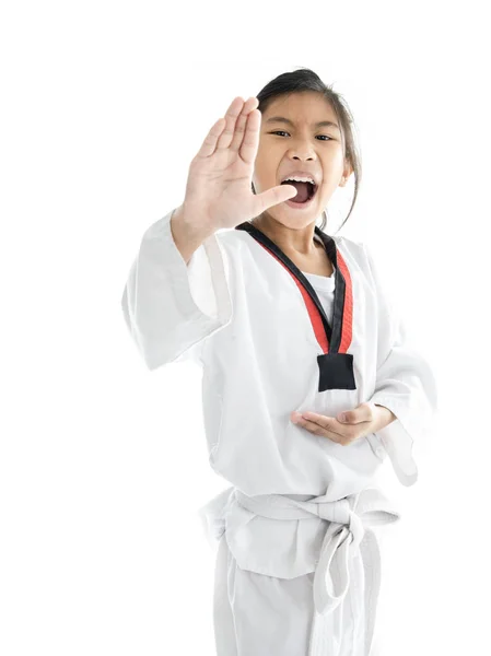 Aziatische taekwondo meisje op met achtergrond. — Stockfoto