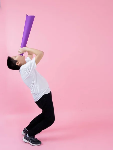 Asiático preadolescente chico usando púrpura papel megáfono en rosa backgroun —  Fotos de Stock