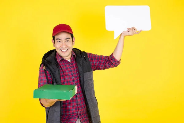Pizza boy holding pizza box and showing blank speech bubble on y — Foto Stock