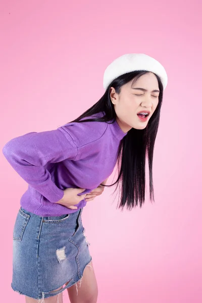Asian Woman Having Stomachache Pink Background — Stock Photo, Image