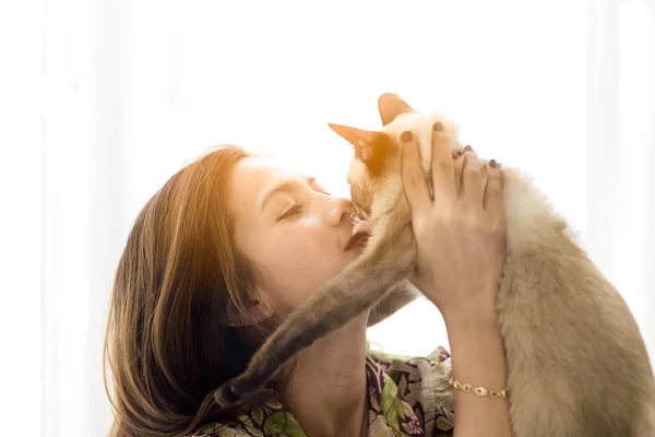 Asiatisches Mädchen Hält Ihre Katze Mit Fensterlicht Hause Kopierraum Für — Stockfoto