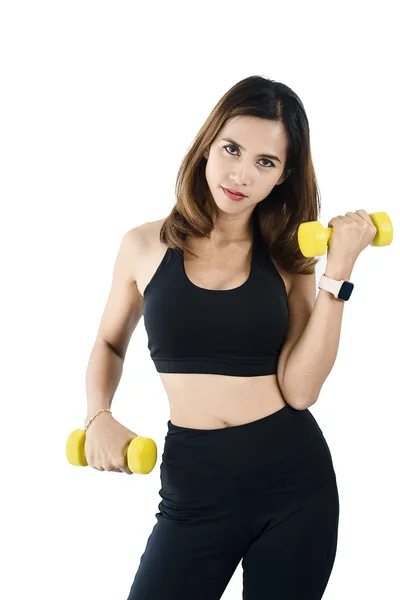 Mujer Asiática Sport Woman Using Dumbbell White Lifestyle Concept — Foto de Stock