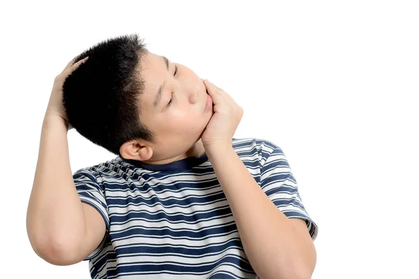 年轻的亚洲青春期前男孩有肩部或颈部疼痛 — 图库照片