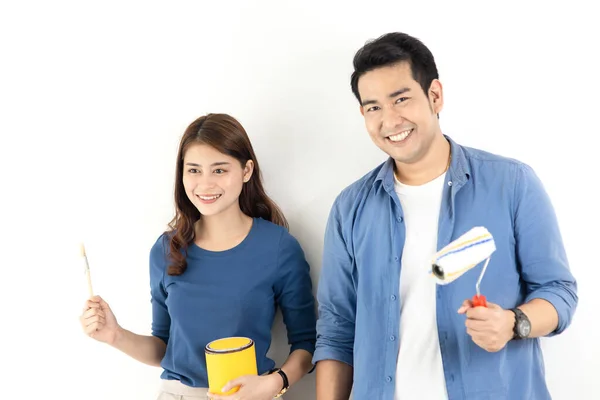 Happy Asian Couple Painting Wall New Home Lifestyle Concept — Stock Photo, Image